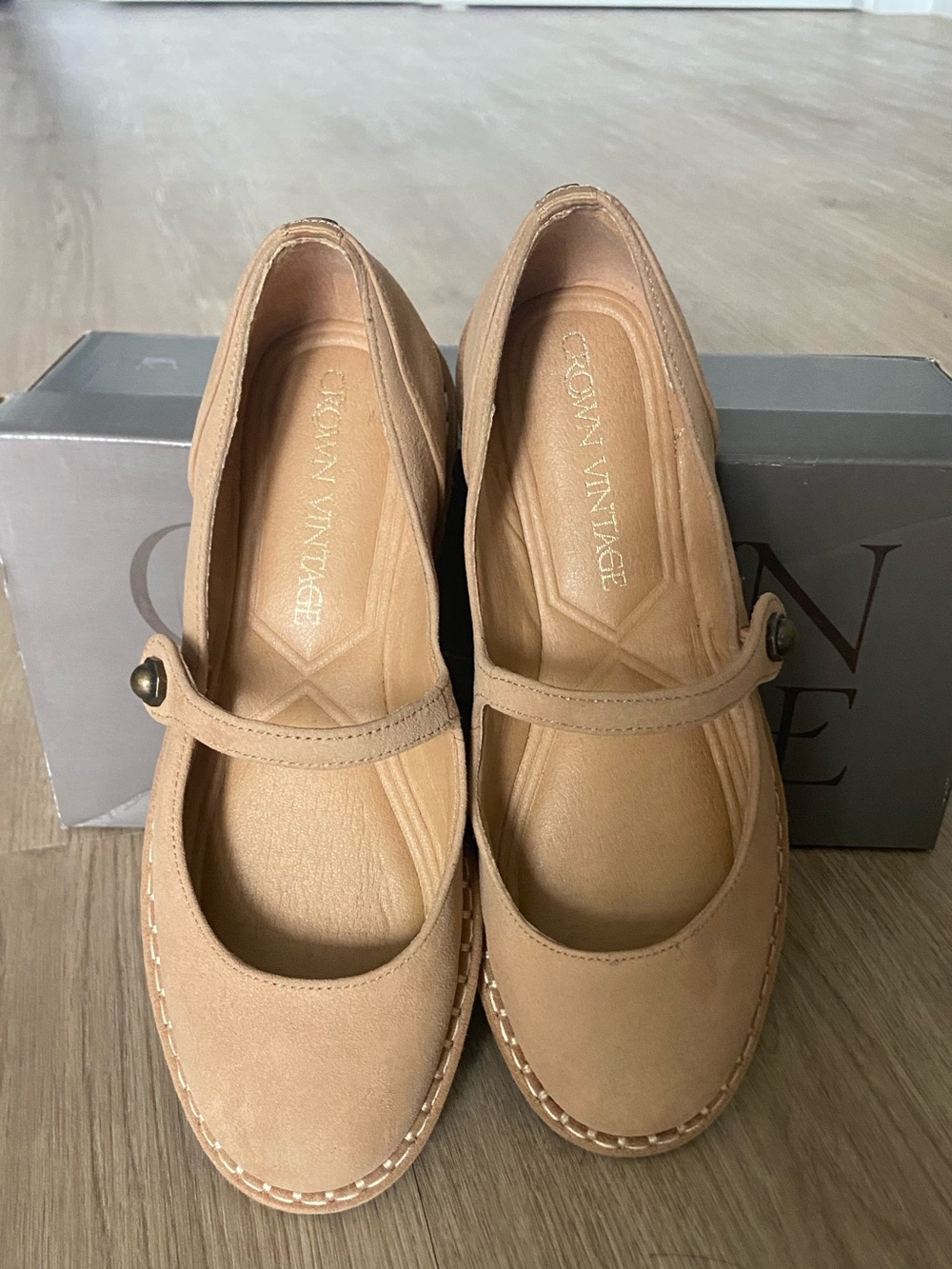 Crown Vintage Tan Famela Mary Jane Loafers with Button Strap